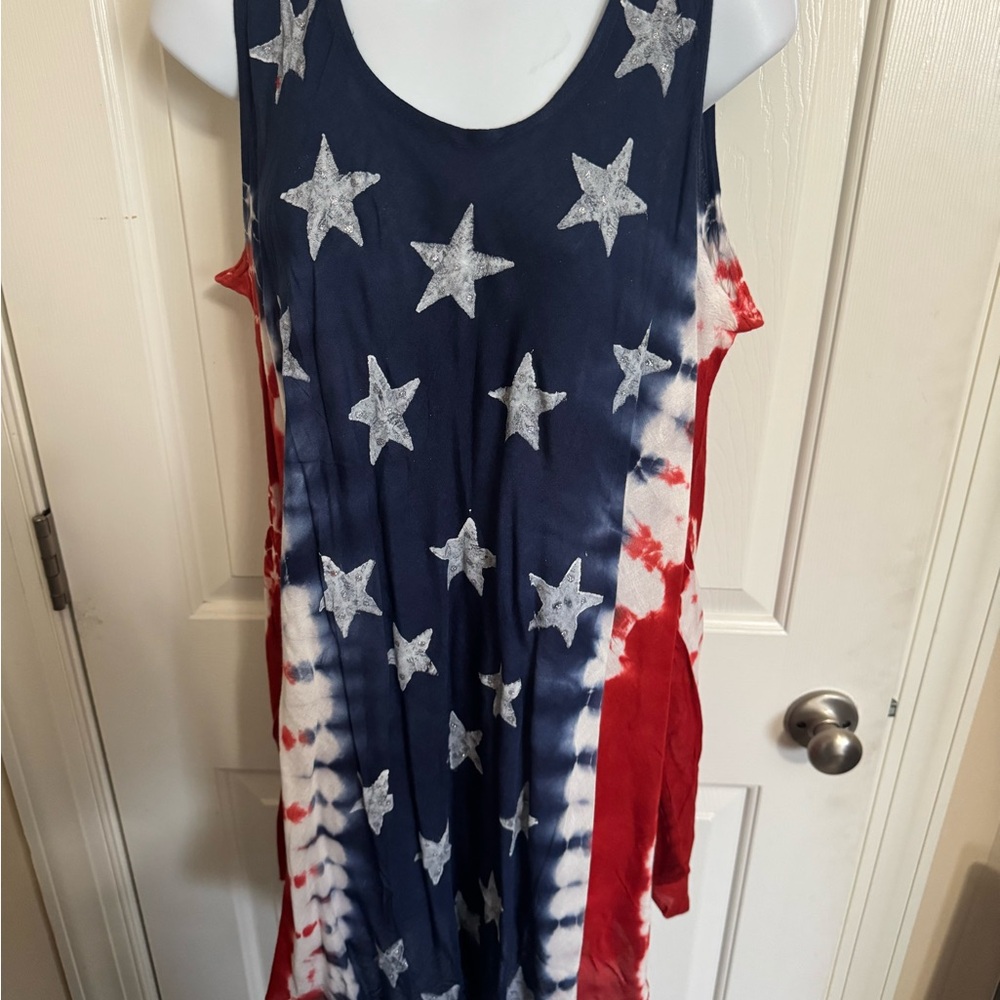 Seven Islands Womens OS Tie Dye Sleeveless Top Red White Blue Flag USA Stars NWT